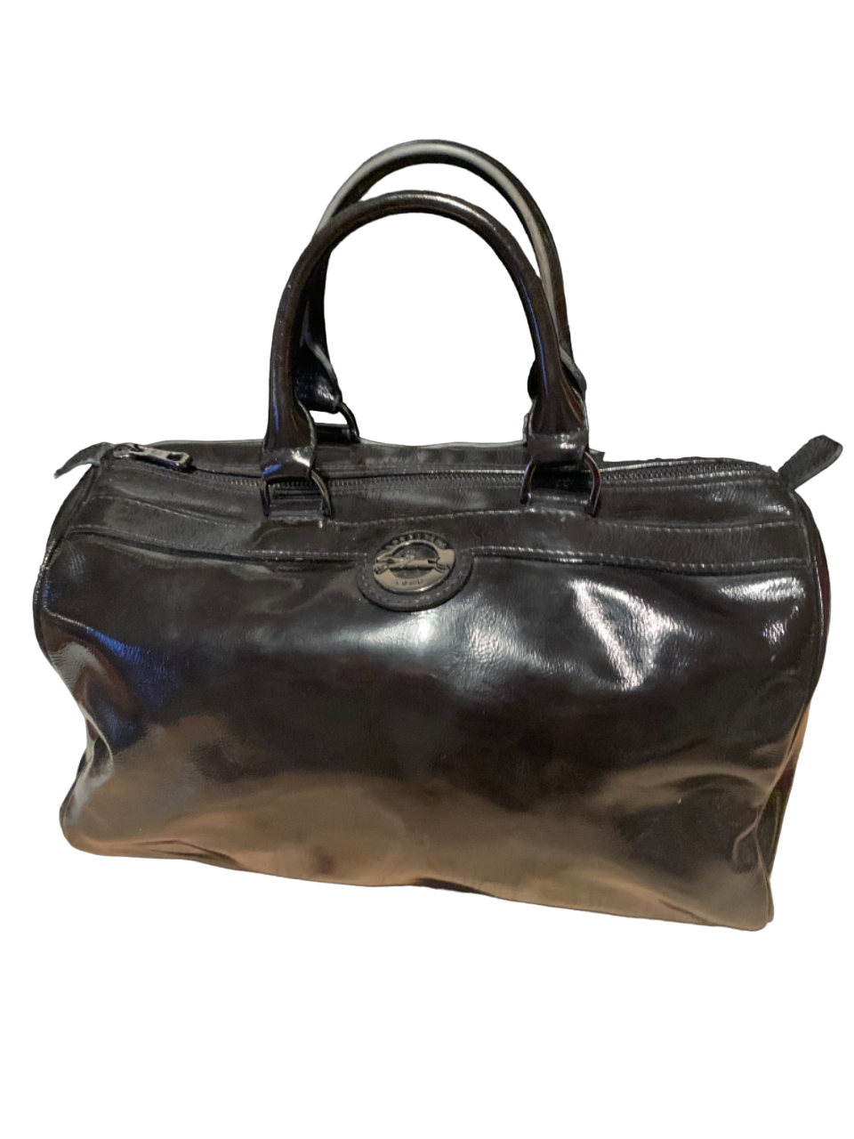 Sac Boston Longchamp en cuir vernis noir